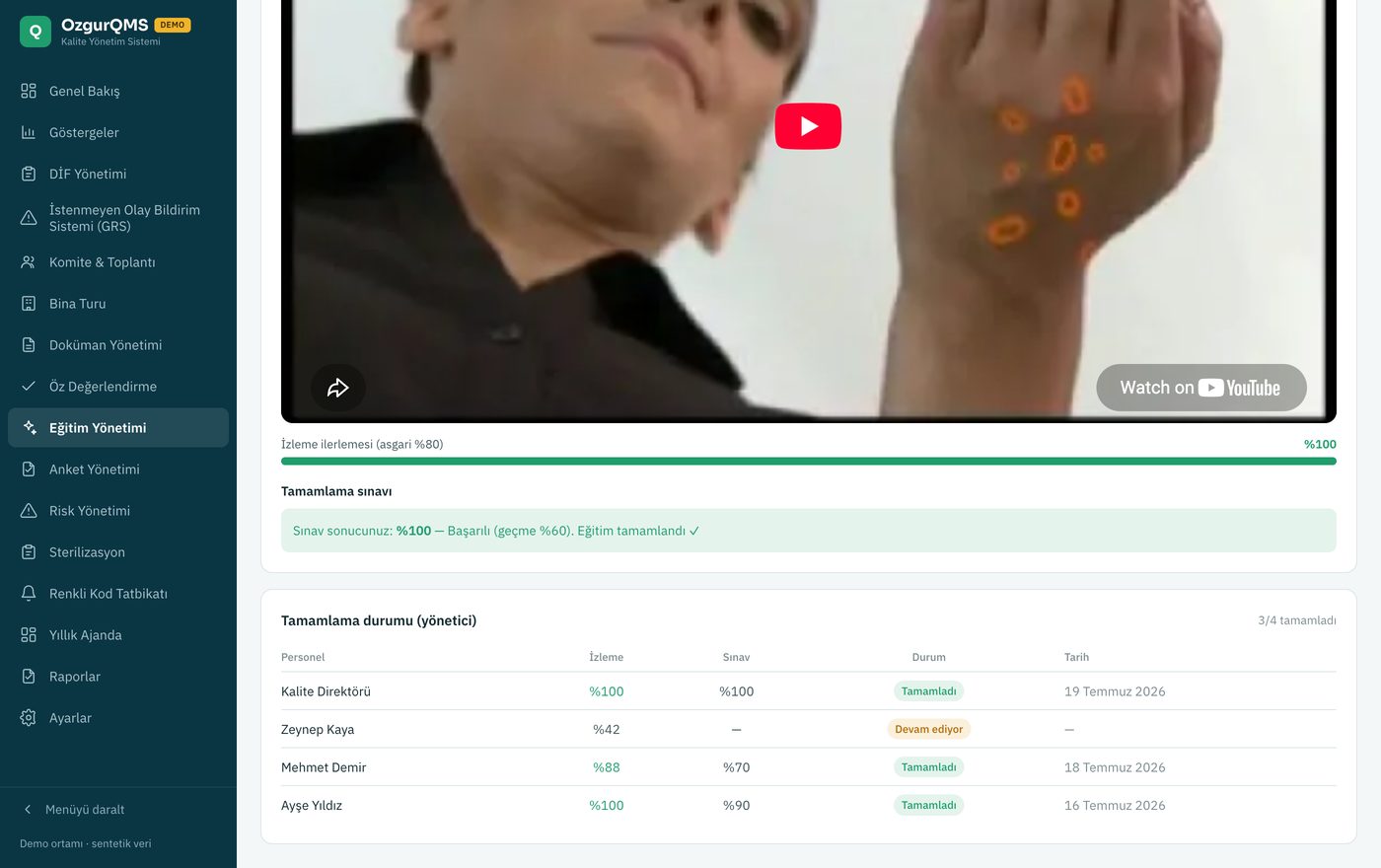 OzgurQMS video eğitim ve izleme takibi ekranı